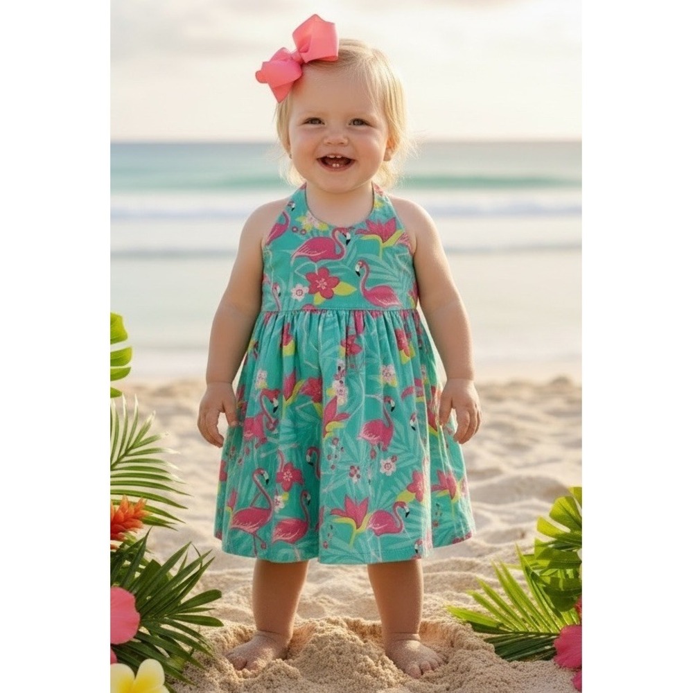 Gymboree Girls 9 12 Months Beautiful Tropical Green Flamingo Halter Dress 9m 12m